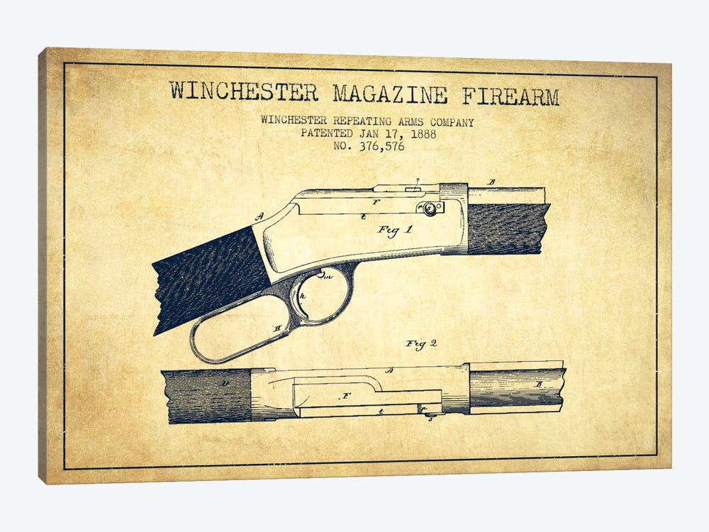 Winchester Fire Arm Vintage Patent Blueprint by Aged Pixel 1-piece Canvas Art Print