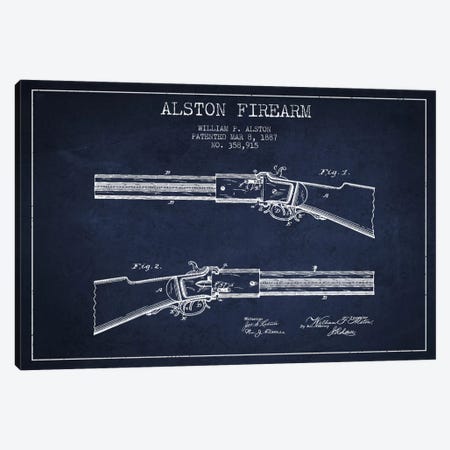 Alston Firearm Navy Blue Patent Blueprint Canvas Print #ADP1386} by Aged Pixel Canvas Wall Art