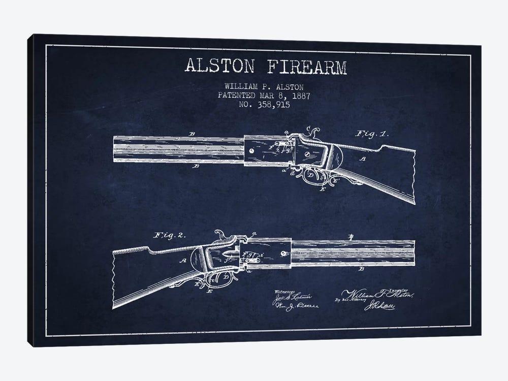 Alston Firearm Navy Blue Patent Blueprint by Aged Pixel 1-piece Canvas Artwork