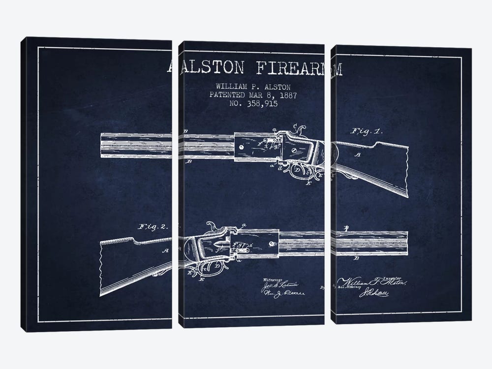 Alston Firearm Navy Blue Patent Blueprint by Aged Pixel 3-piece Canvas Art