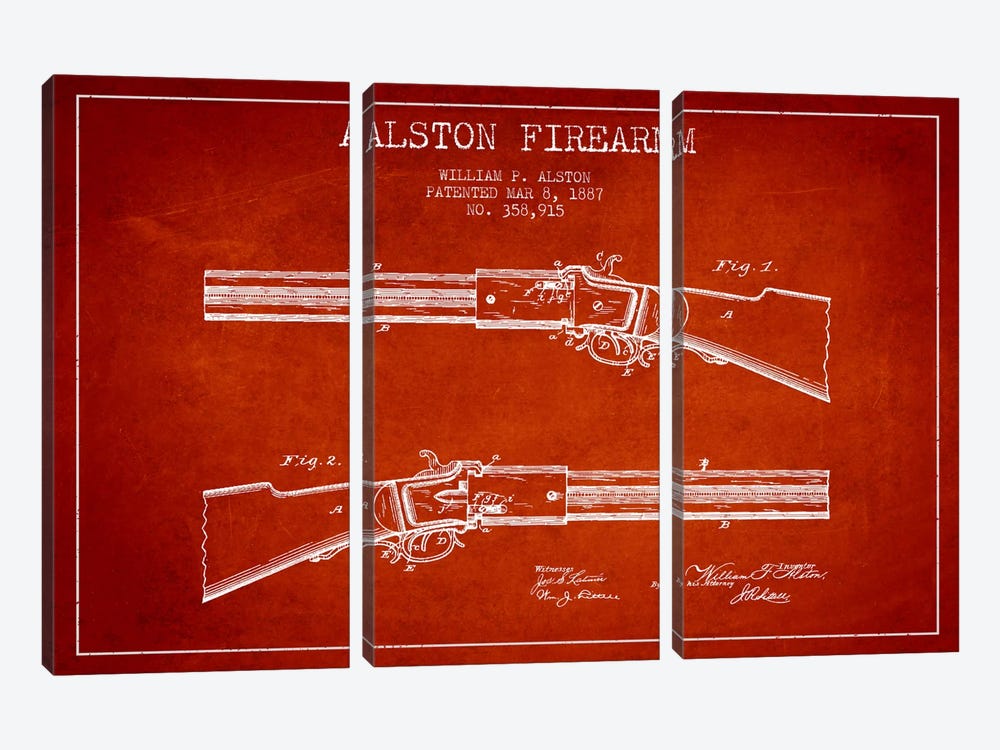Alston Firearm Red Patent Blueprint by Aged Pixel 3-piece Canvas Art Print