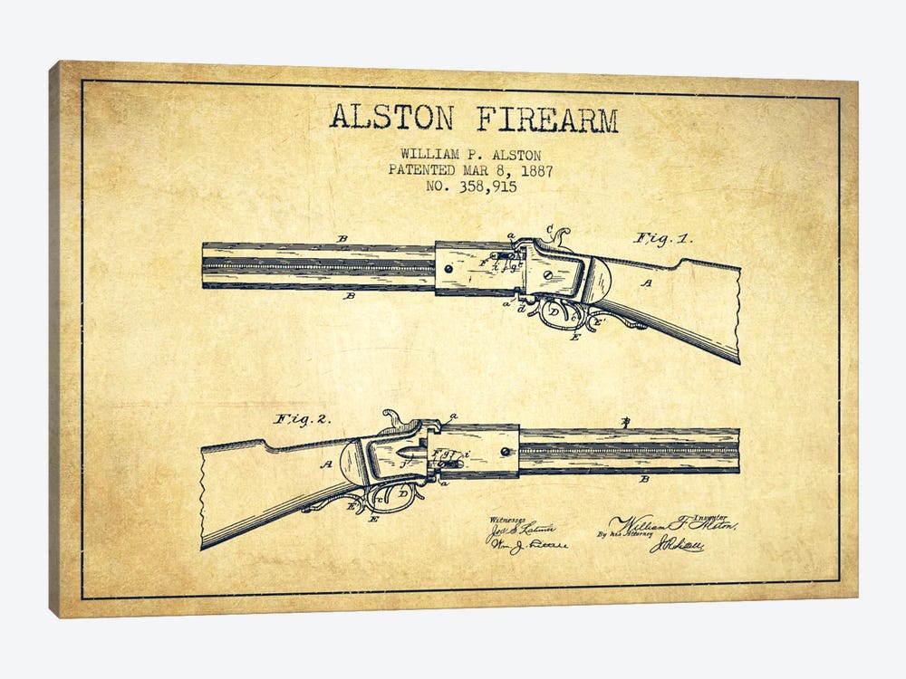 Alston Firearm Vintage Patent Blueprint by Aged Pixel 1-piece Canvas Wall Art
