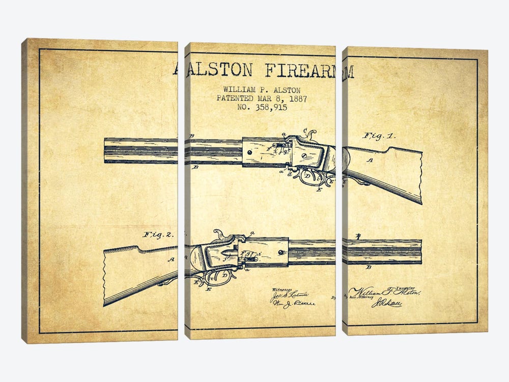 Alston Firearm Vintage Patent Blueprint by Aged Pixel 3-piece Canvas Artwork