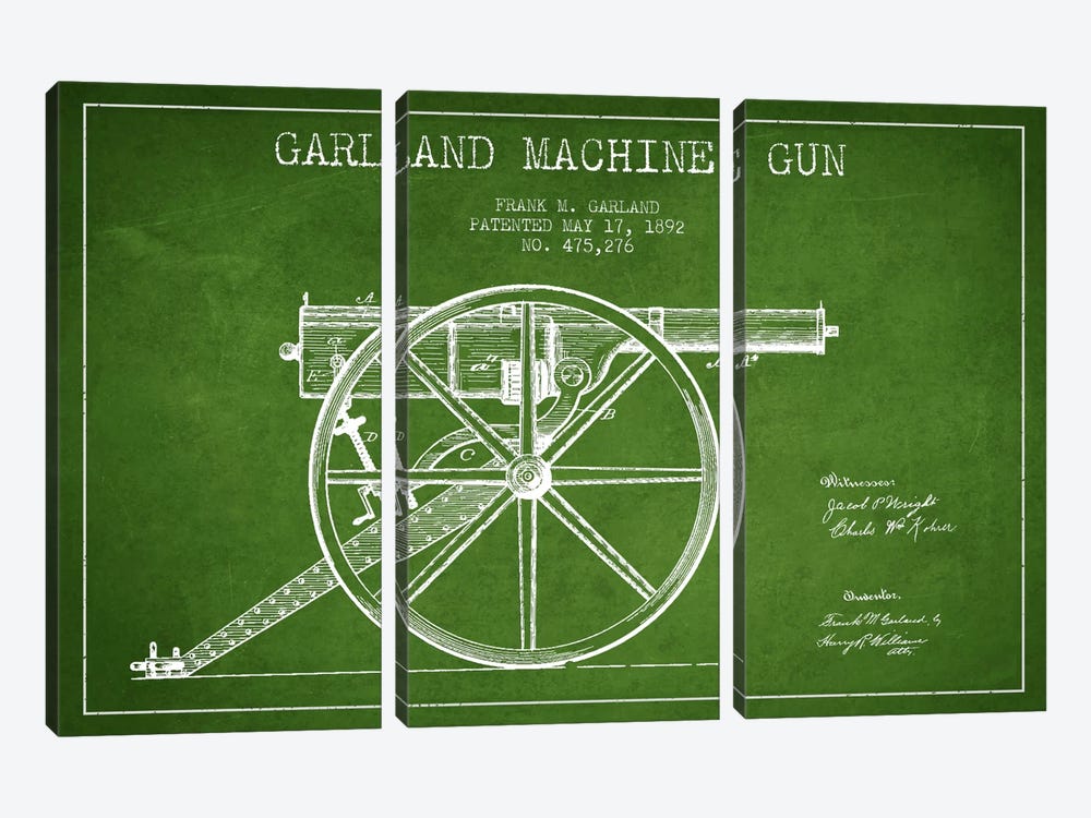 Garland Gun Green Patent Blueprint by Aged Pixel 3-piece Canvas Art Print