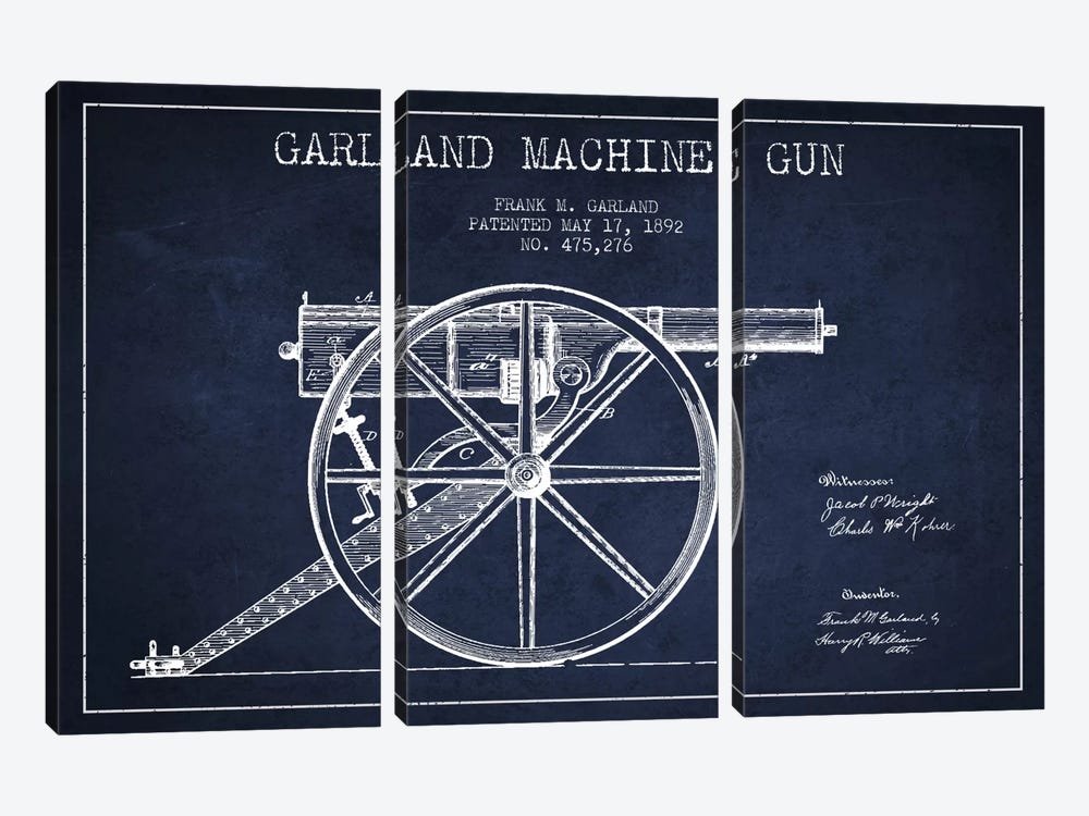 Garland Gun Navy Blue Patent Blueprint by Aged Pixel 3-piece Canvas Wall Art