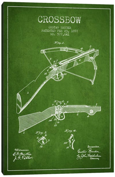 Crossbow 1 Green Patent Blueprint Canvas Art Print - Aged Pixel: Weapons