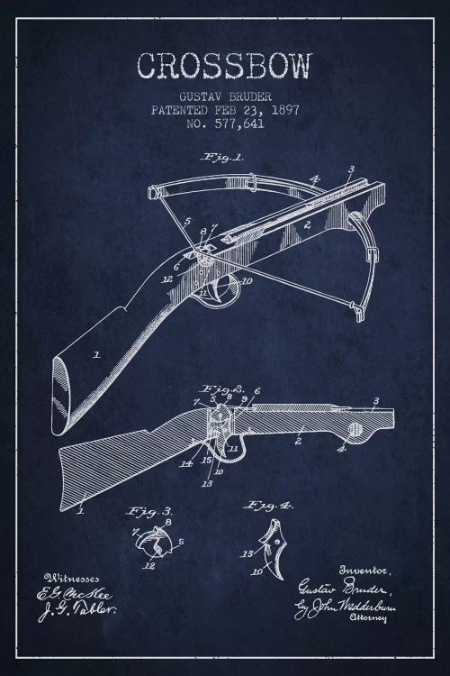 Crossbow Bow 1 Navy Blue Patent Blueprint by Aged Pixel wall art