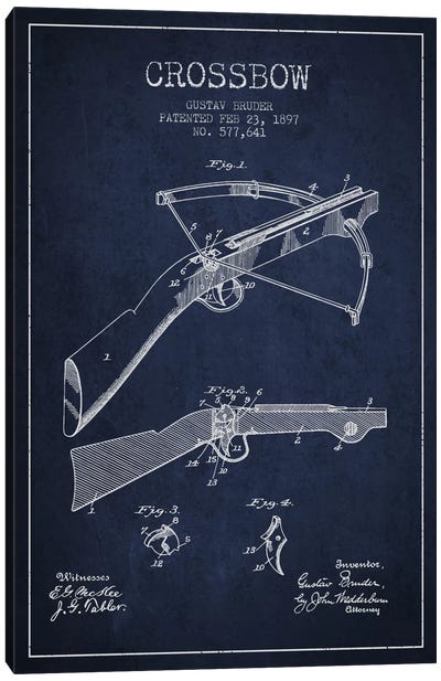 Crossbow Bow 1 Navy Blue Patent Blueprint Canvas Art Print - Aged Pixel: Weapons