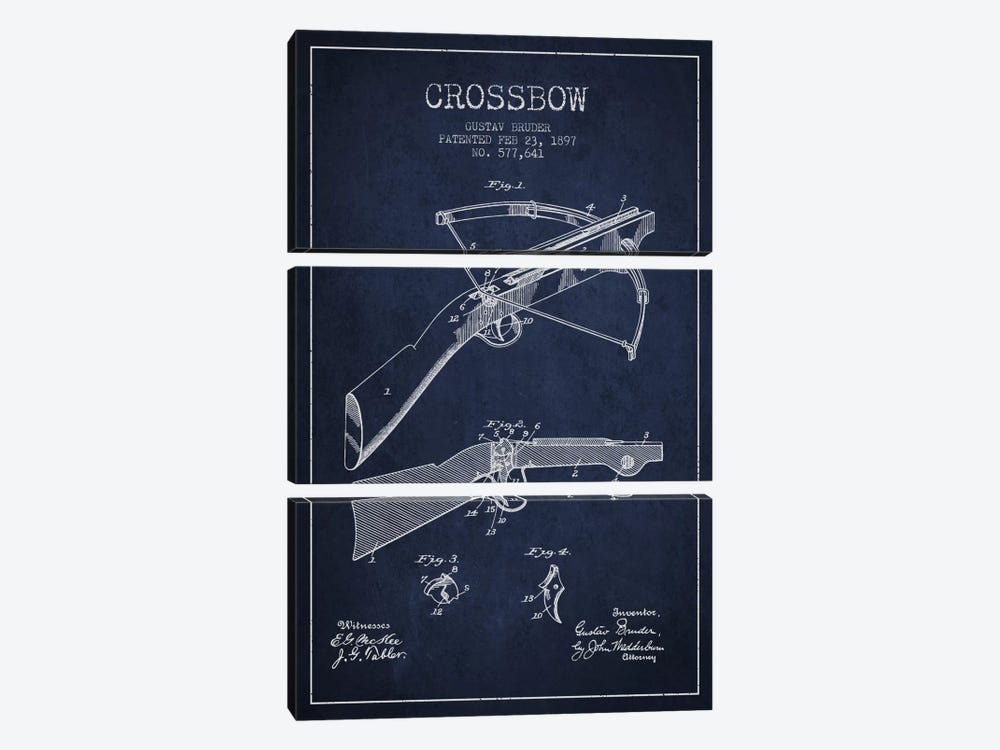 Crossbow Bow 1 Navy Blue Patent Blueprint by Aged Pixel 3-piece Canvas Art Print