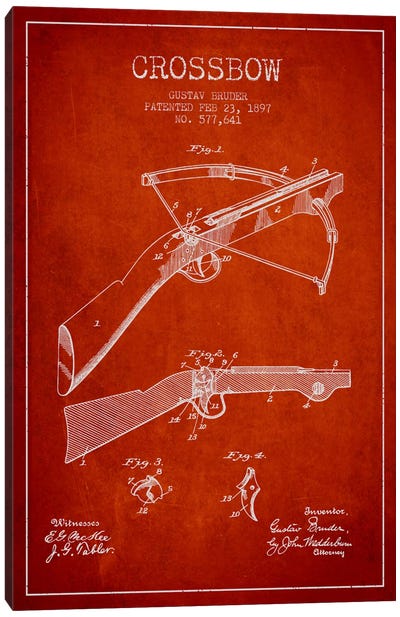 Crossbow 1 Red Patent Blueprint Canvas Art Print - Weapon Blueprints