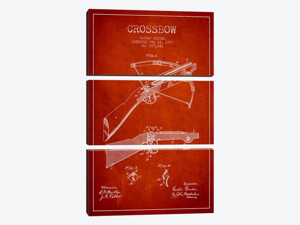 Crossbow 1 Red Patent Blueprint by Aged Pixel 3-piece Canvas Wall Art