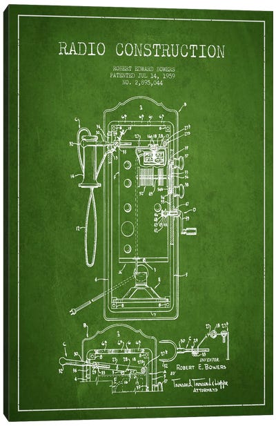Bowers Radio Green Patent Blueprint Canvas Art Print - Electronics & Communication Blueprints
