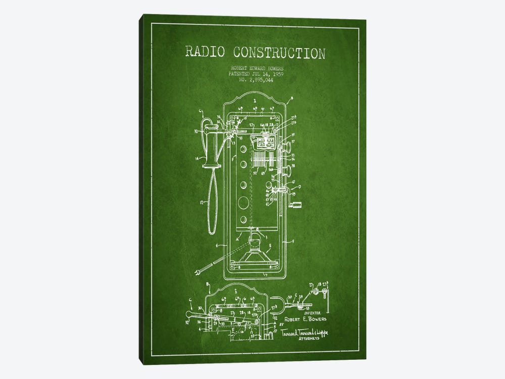 Bowers Radio Green Patent Blueprint by Aged Pixel 1-piece Art Print