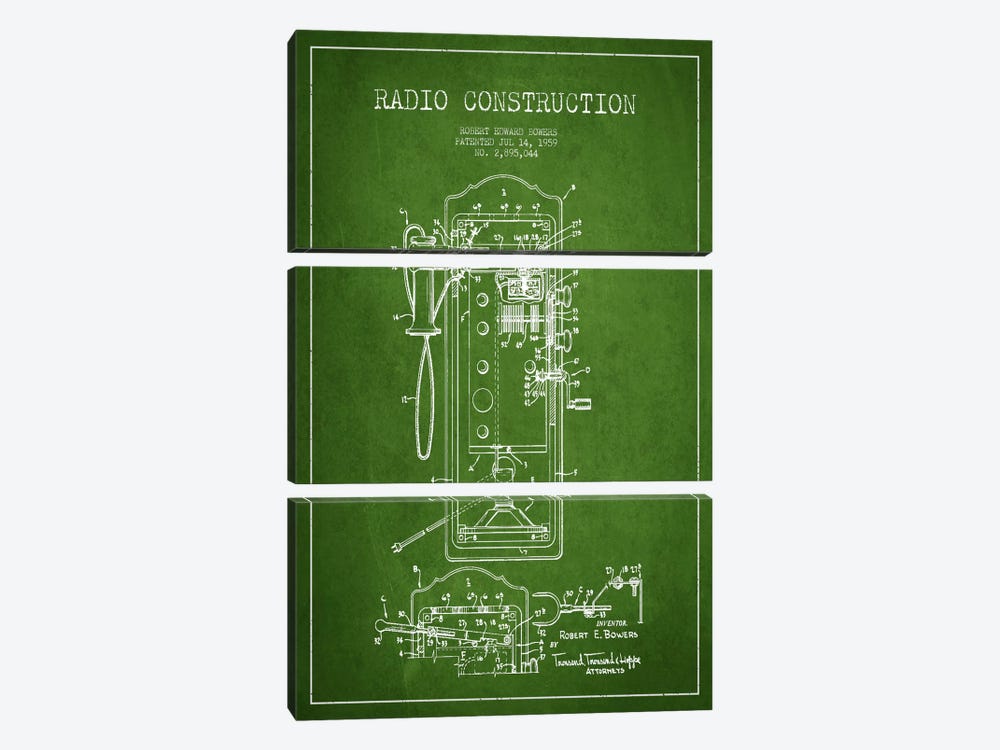 Bowers Radio Green Patent Blueprint by Aged Pixel 3-piece Canvas Print