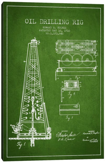 Oil Rig Green Patent Blueprint Canvas Art Print - Engineering & Machinery Blueprints