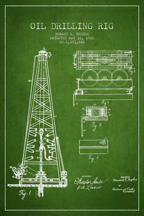 Oil Rig Green Patent Blueprint by Aged Pixel wall art