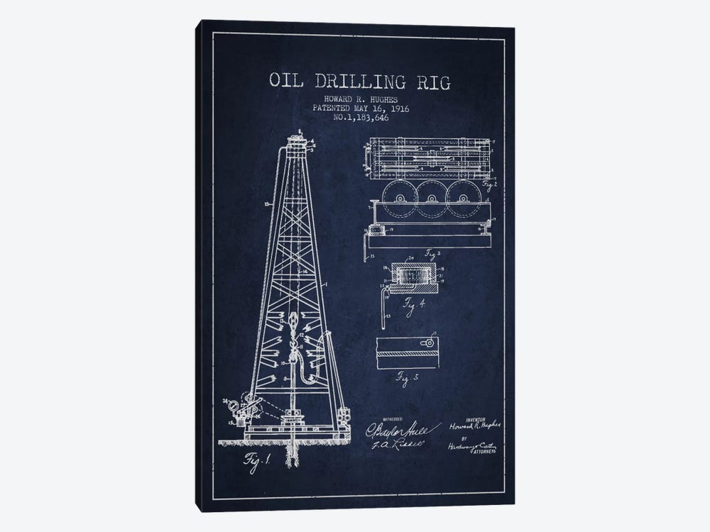 Oil Rig Navy Blue Patent Blueprint by Aged Pixel 1-piece Canvas Wall Art
