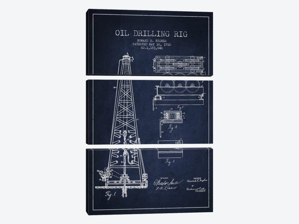 Oil Rig Navy Blue Patent Blueprint by Aged Pixel 3-piece Canvas Wall Art