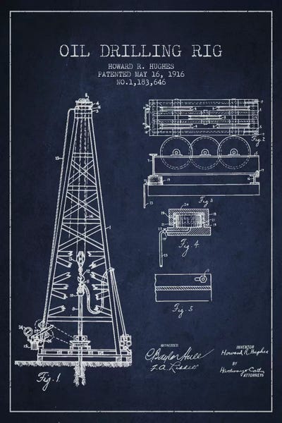 Aged Pixel: Oil Rig Navy Blue Patent Blueprint by Aged Pixel