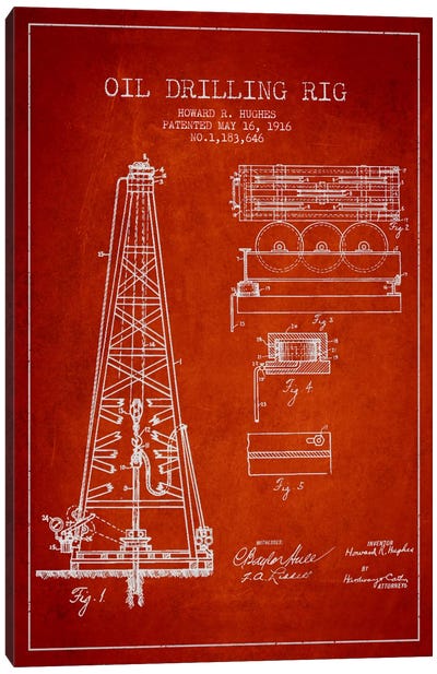Oil Rig Red Patent Blueprint Canvas Art Print - Engineering & Machinery Blueprints