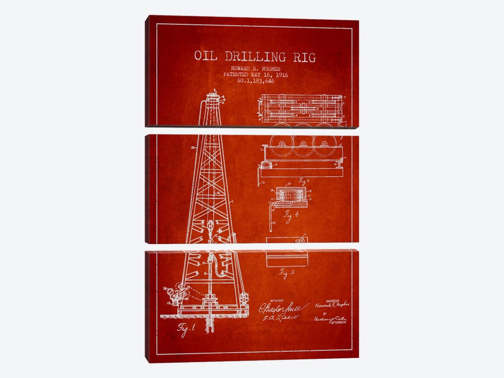 Oil Rig Red Patent Blueprint by Aged Pixel 3-piece Canvas Art Print