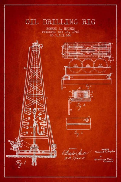 Engineering & Machinery Blueprints: Oil Rig Red Patent Blueprint by Aged Pixel