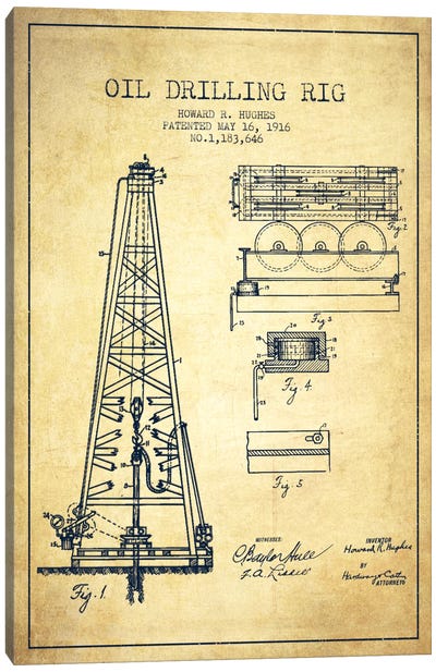 Oil Rig Vintage Patent Blueprint Canvas Art Print - Aged Pixel