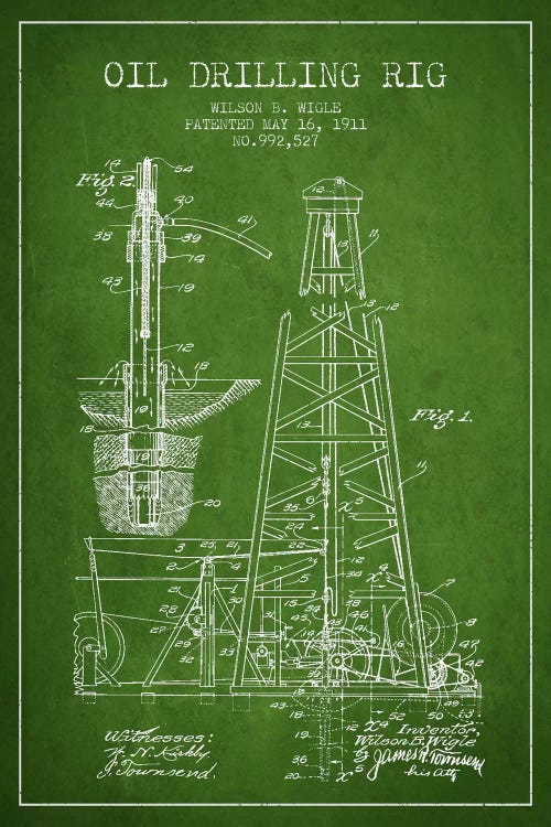 Oil Rig Green Patent Blueprint by Aged Pixel wall art