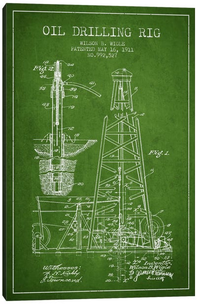 Oil Rig Green Patent Blueprint Canvas Art Print - Aged Pixel: Engineering & Machinery