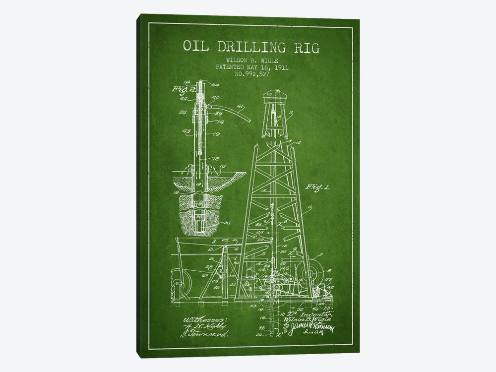 Oil Rig Green Patent Blueprint by Aged Pixel 1-piece Canvas Wall Art