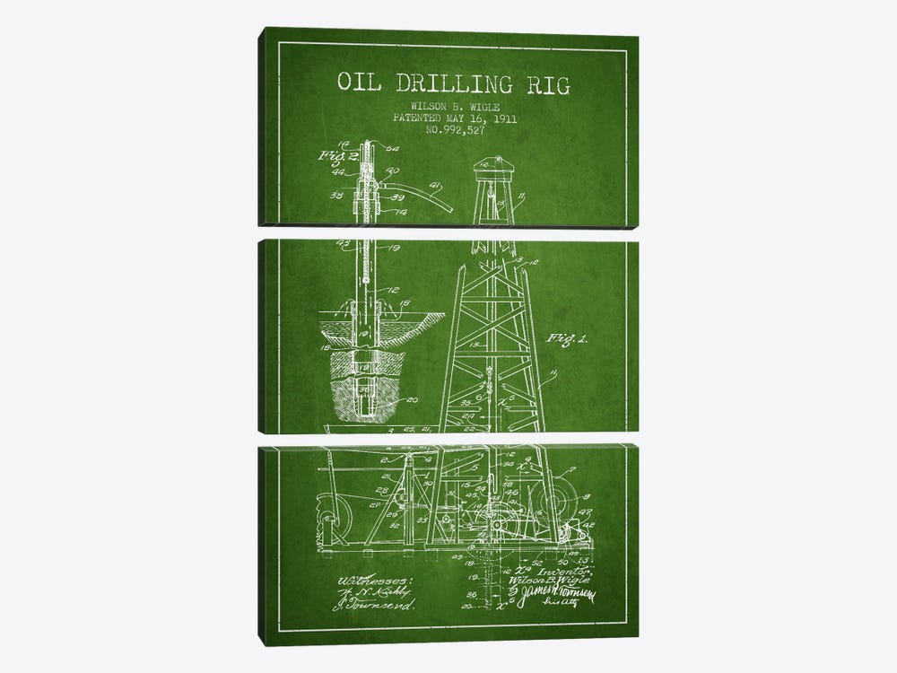 Oil Rig Green Patent Blueprint by Aged Pixel 3-piece Canvas Artwork