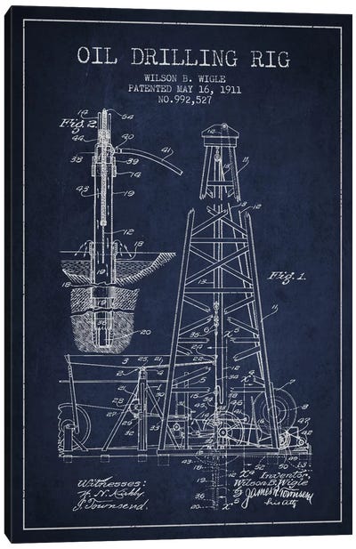 Oil Rig Navy Blue Patent Blueprint Canvas Art Print - Engineering & Machinery Blueprints