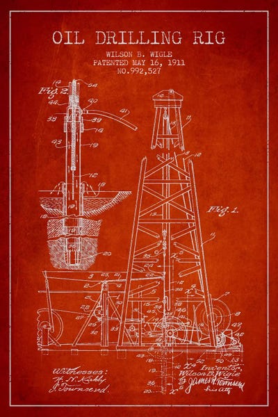 Oil Rig Red Patent Blueprint by Aged Pixel metal wall art