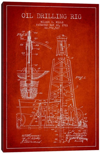 Oil Rig Red Patent Blueprint Canvas Art Print - Aged Pixel: Engineering & Machinery