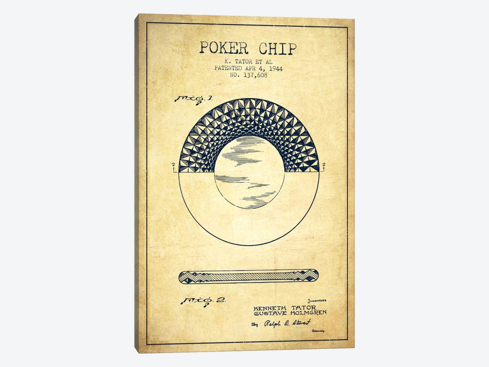 Poker Chip 1 Vintage Patent Blueprint by Aged Pixel 1-piece Canvas Art