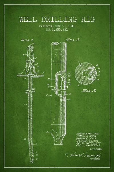 Oil Rig Green Patent Blueprint by Aged Pixel metal wall art