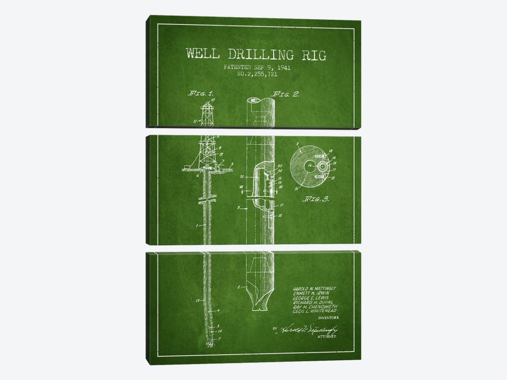 Oil Rig Green Patent Blueprint by Aged Pixel 3-piece Canvas Wall Art