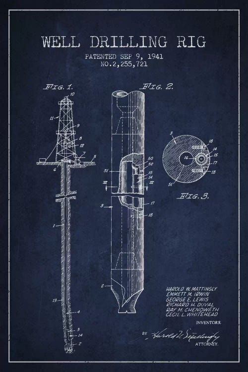 Oil Rig Navy Blue Patent Blueprint by Aged Pixel wall art