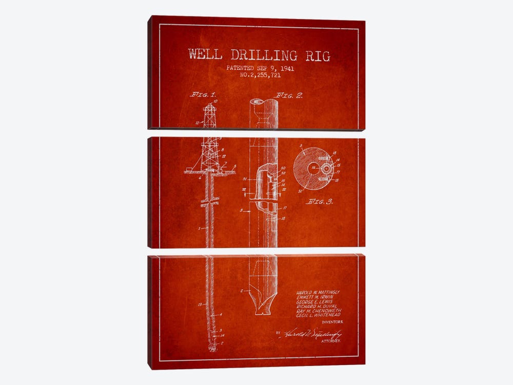 Oil Rig Red Patent Blueprint by Aged Pixel 3-piece Canvas Wall Art
