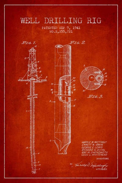 Engineering & Machinery Blueprints: Oil Rig Red Patent Blueprint by Aged Pixel