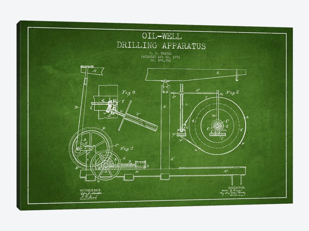 Oil Apparatus Green Patent Blueprint by Aged Pixel 1-piece Canvas Art Print