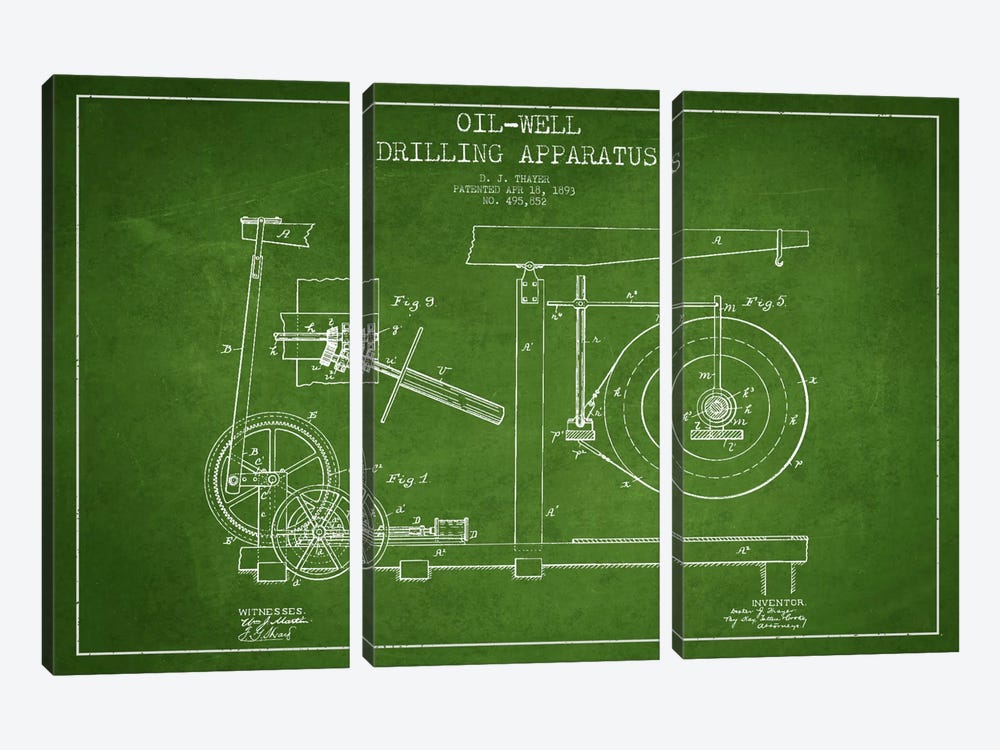Oil Apparatus Green Patent Blueprint by Aged Pixel 3-piece Art Print