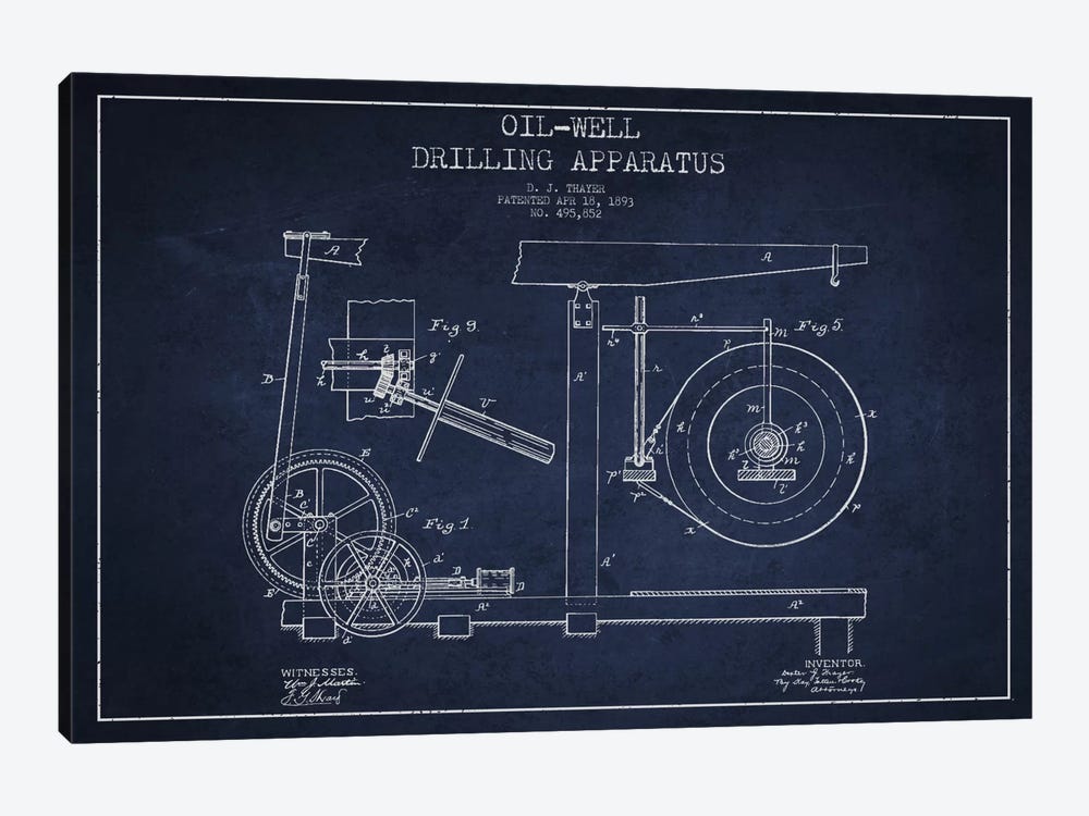 Oil Apparatus Navy Blue Patent Blueprint by Aged Pixel 1-piece Canvas Wall Art