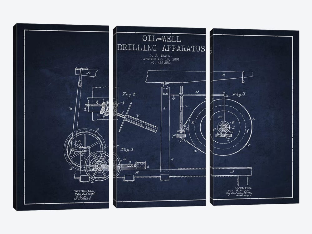 Oil Apparatus Navy Blue Patent Blueprint by Aged Pixel 3-piece Canvas Art
