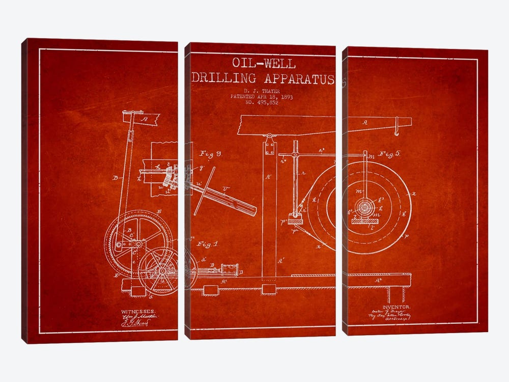 Oil Apparatus Red Patent Blueprint by Aged Pixel 3-piece Art Print