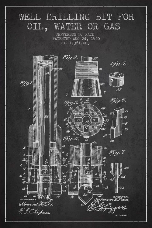 Oil Drill Bit Charcoal Patent Blueprint by Aged Pixel wall art