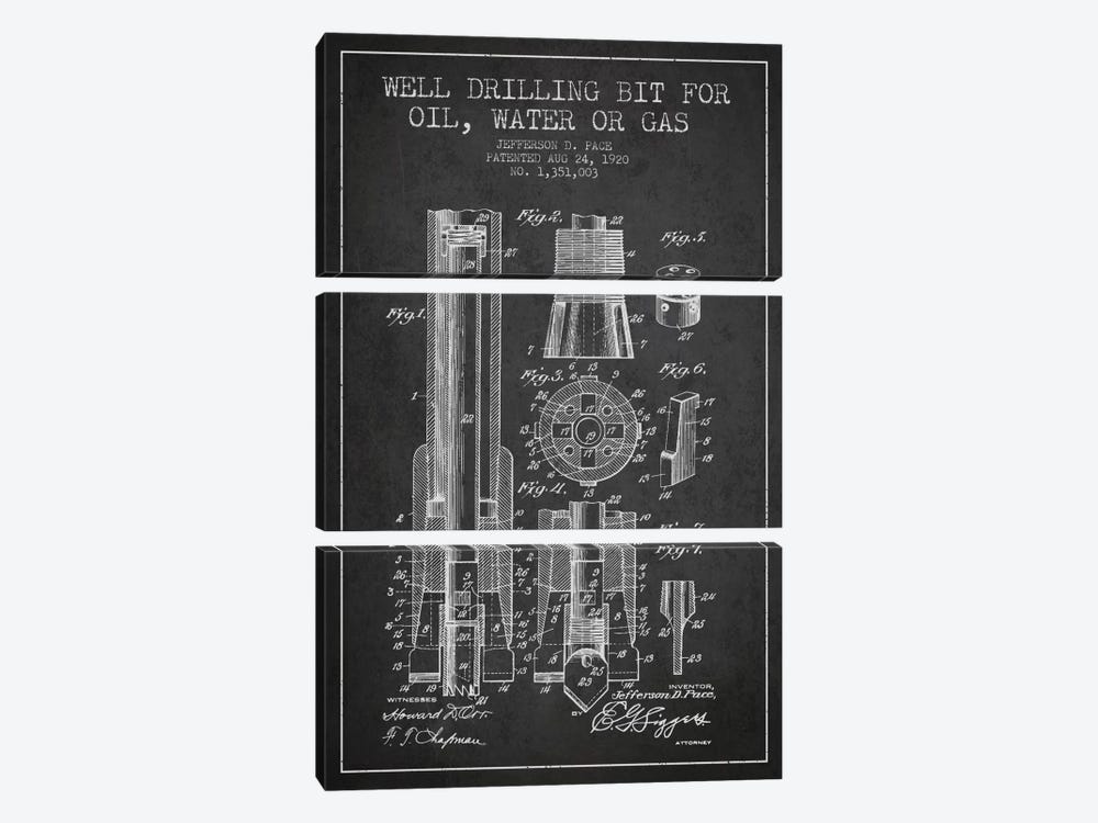 Oil Drill Bit Charcoal Patent Blueprint by Aged Pixel 3-piece Canvas Art Print