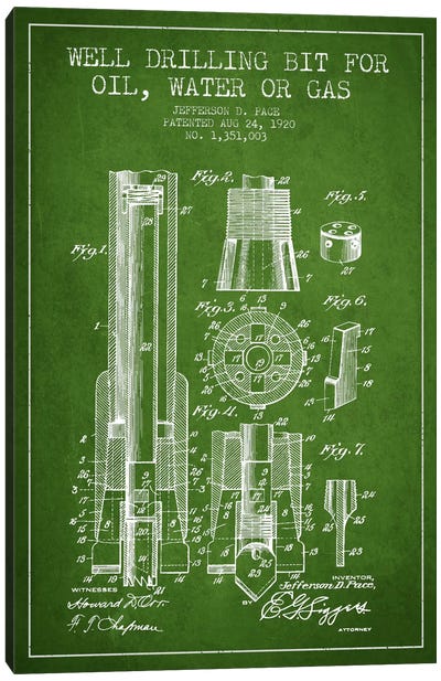 Oil Drill Bit Green Patent Blueprint Canvas Art Print - Aged Pixel: Engineering & Machinery
