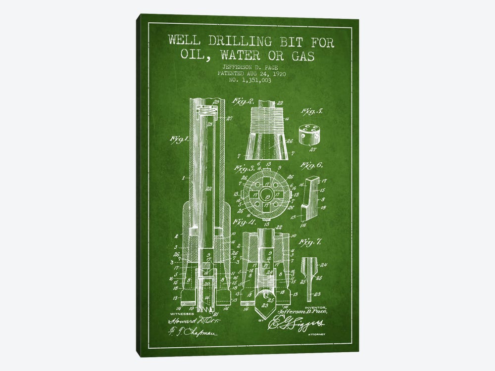 Oil Drill Bit Green Patent Blueprint by Aged Pixel 1-piece Canvas Print