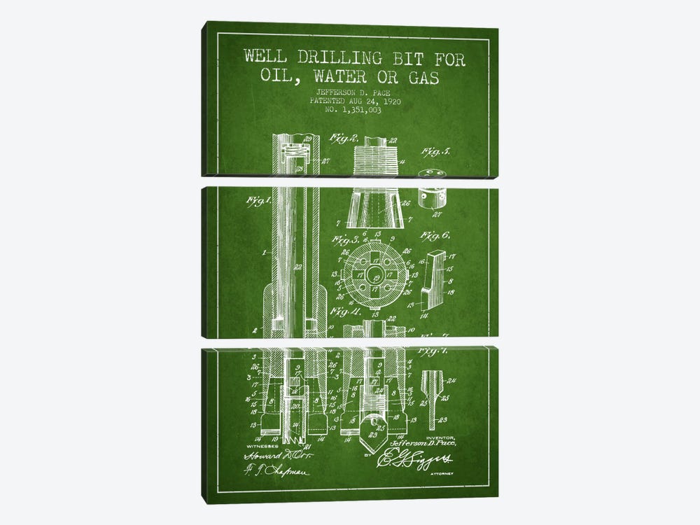 Oil Drill Bit Green Patent Blueprint by Aged Pixel 3-piece Canvas Art Print